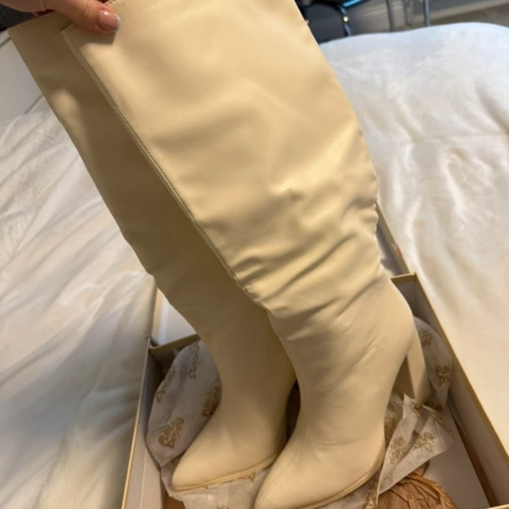 Public Desire Cream Over the Knee Boots